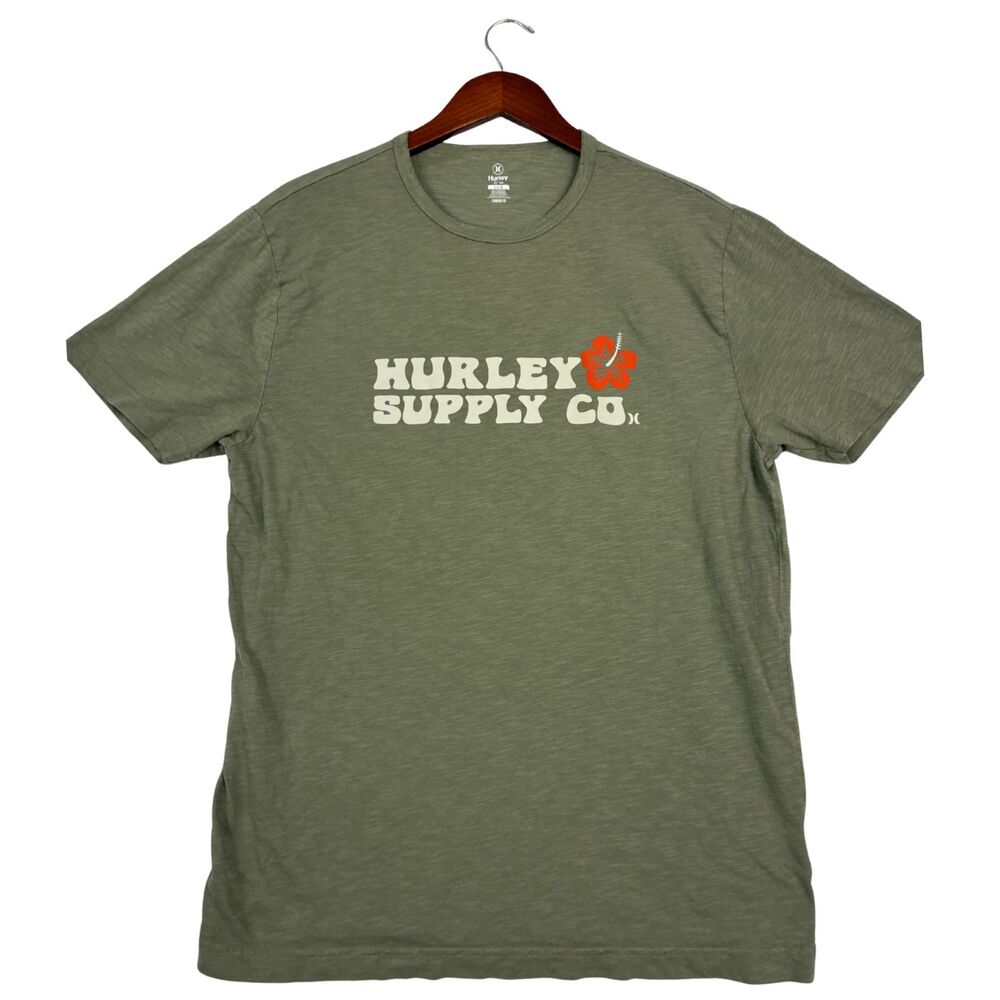 Hurley Supply Co Mens Large T Shirt Olive Green Hibiscus Logo Surf Skate Tee